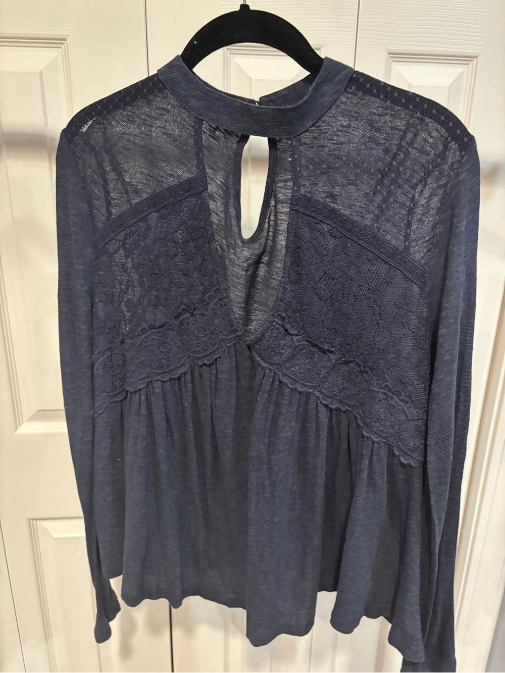 Altar'd State Navy Lace Yoke Keyhole Long Sleeve Top